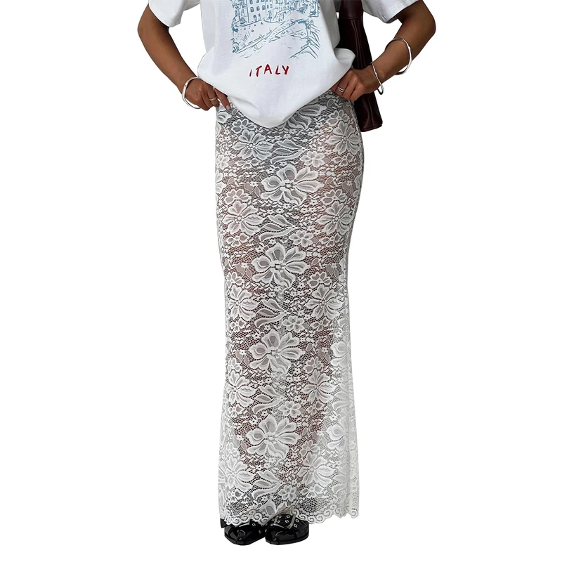 Nicoxijia Women's Y2k Lace Maxi Skirt Sheer Lace Maxi Skirt Summer Sexy Beach Party Cover-up Long Skirts Casual Streetwear (White, M)