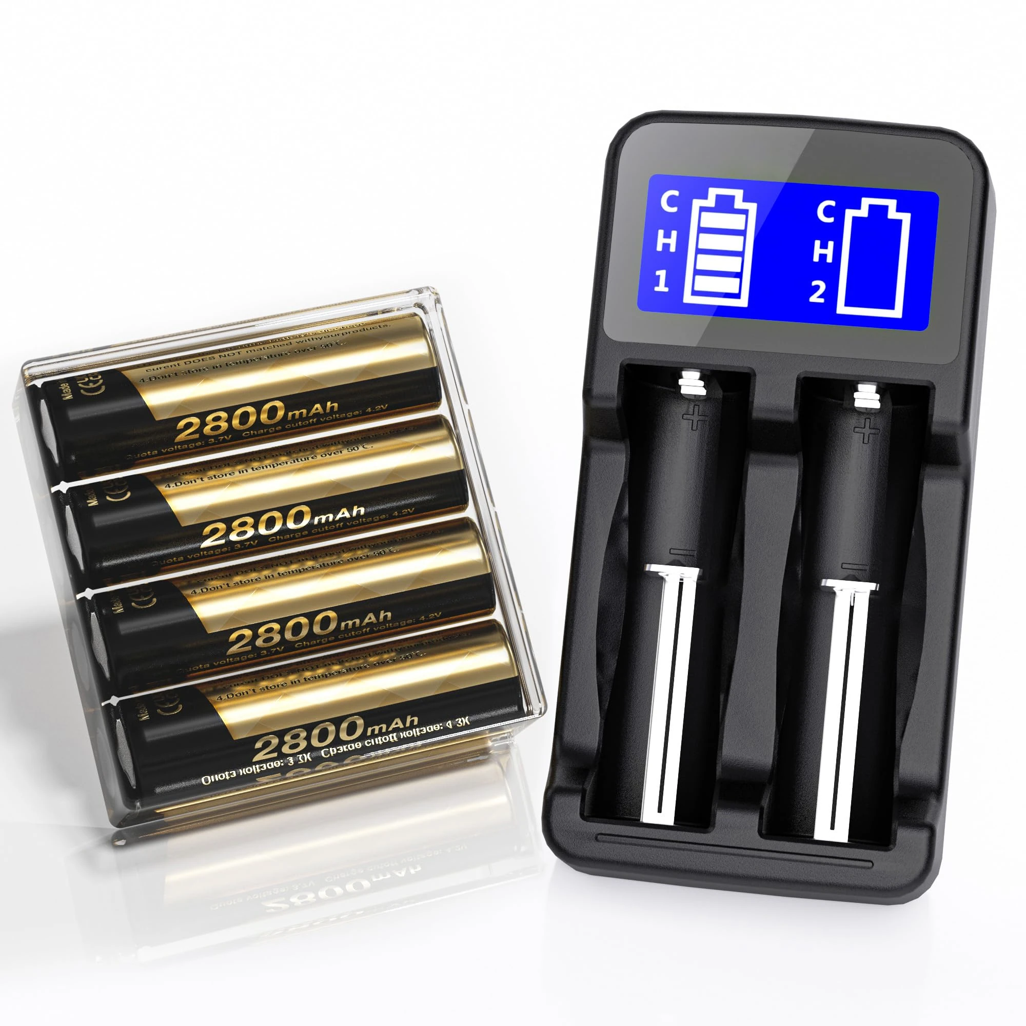 Matbc 4 Pack 3.7 V 18650 Rechargeable Battery Flat top with Charger, 18650 Lithium-ion Rechargeable Battery Set