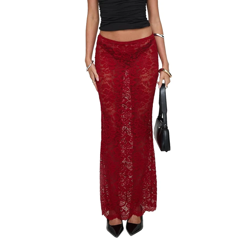Nicoxijia Women's Y2k Lace Maxi Skirt Sheer Lace Maxi Skirt Summer Sexy Beach Party Cover-up Long Skirts Casual Streetwear (Burgundy, M)
