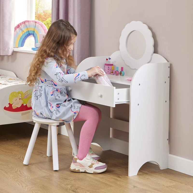 Liberty House Toys Kids White dressing table and stool, H94 x W58 x D33cm