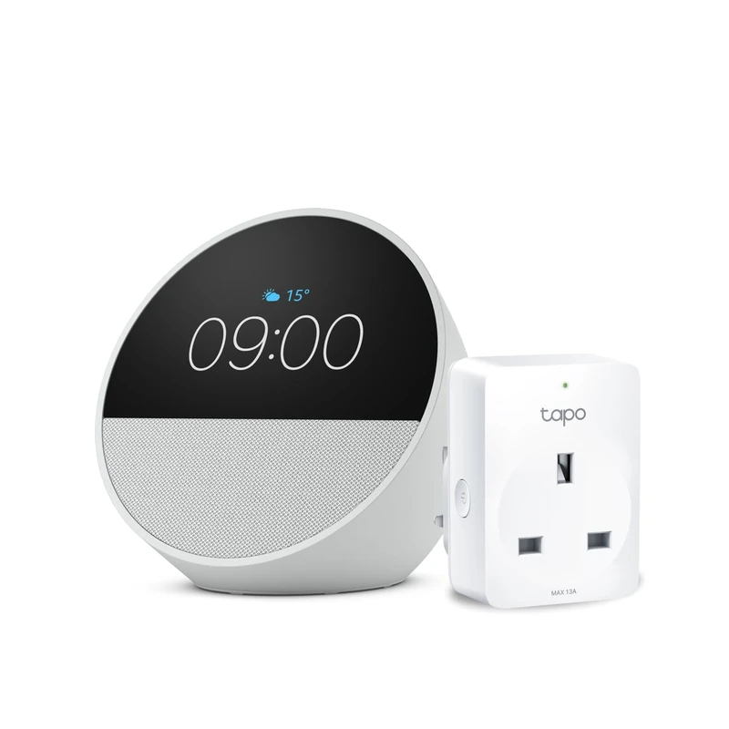 Echo Spot | Glacier White + TP-Link Tapo P110M Smart Plug with Energy Monitoring, Works with Alexa - Smart Home Starter Kit, with Alexa+ Early Access