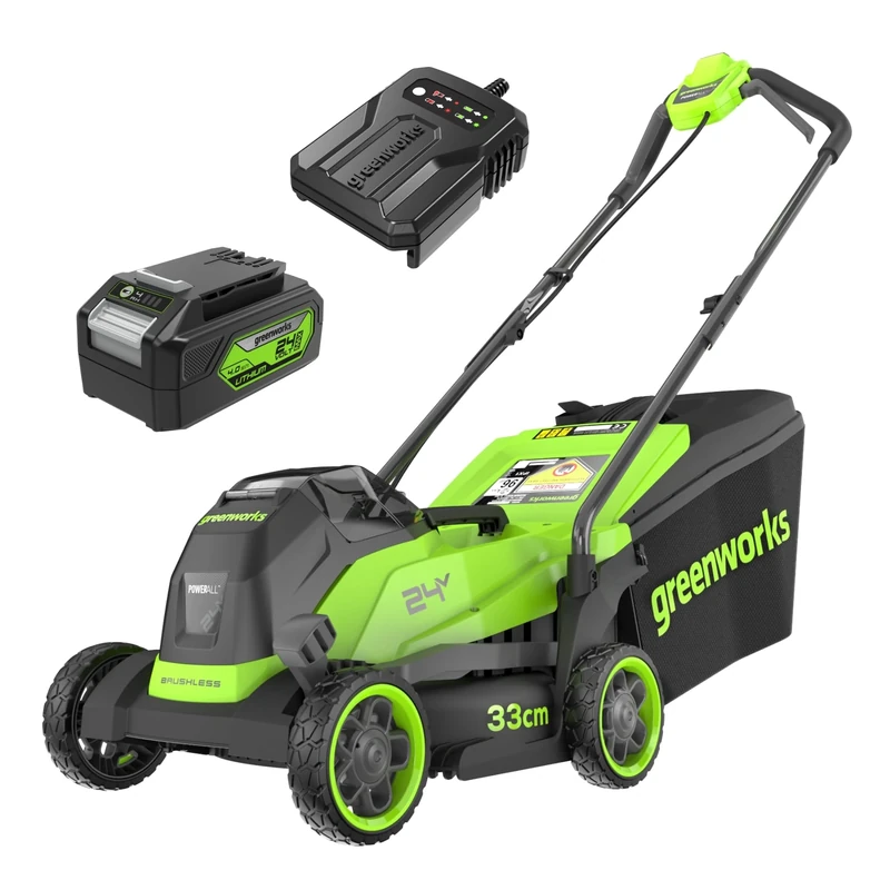 Greenworks 24V Cordless Lawnmower with Brushless Motor for Smaller Lawns up to 140m², 33cm Cutting Width, 30L Bag, Lawnmower with 24V 4Ah Battery & Charger, 3 Year Guarantee-MO24L411-01
