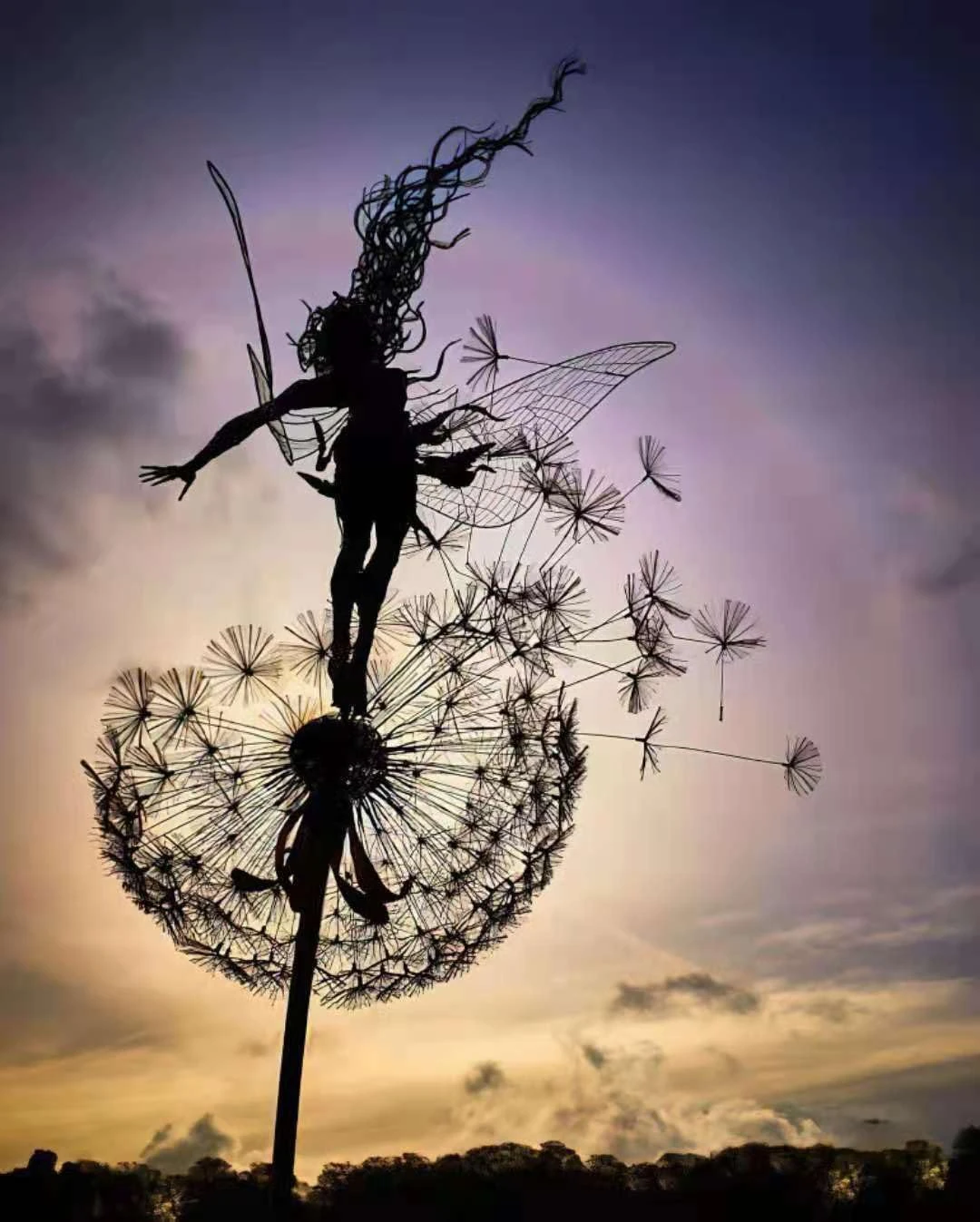 MCMGMALL 3D Fairies Dandelions Art Sculpture Dance Together Yard Decorations Stainless Steel Garden Fairy Ornaments Black