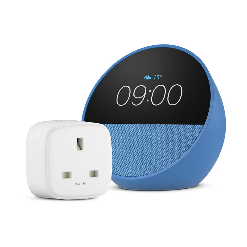 Echo Spot | Ocean Blue + Amazon Basics Smart Plug, Works with Alexa - Smart Home Starter Kit, with Alexa+ Early Access