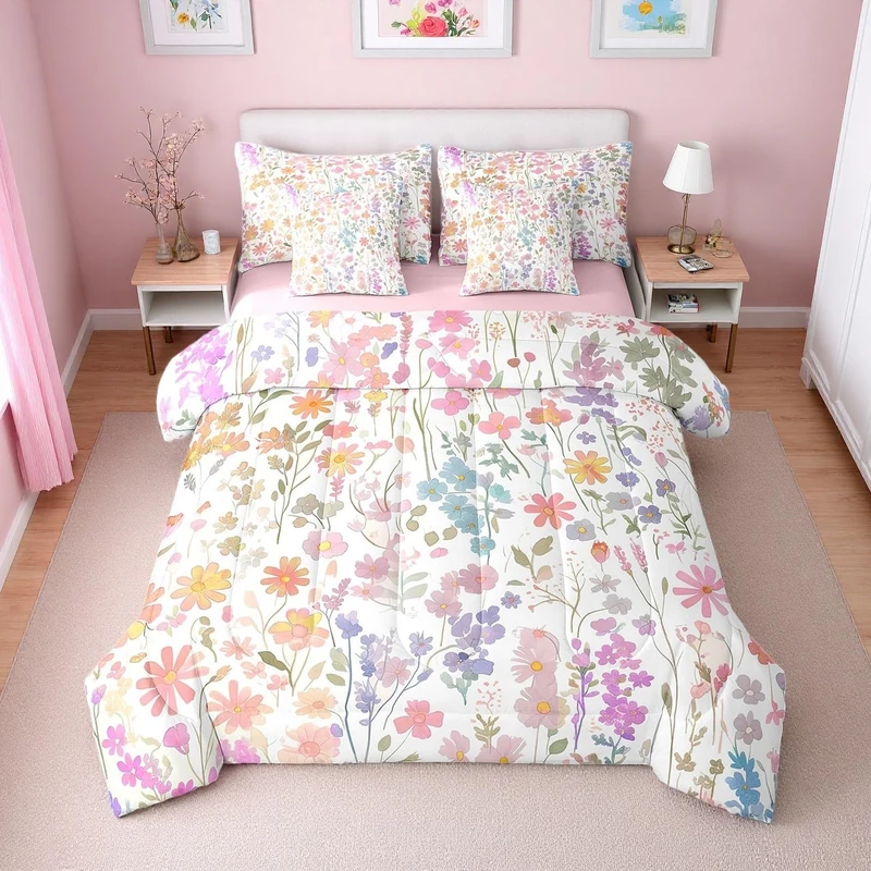 Erosebridal 7 Piece Cute Pink Floral Comforter Set Full with Sheets,Boho Colorful Flower Bedding Set for Kids Girls Women,Bohemian Wildflower Bed Set Rustic Flowers Bed in a Bag with Pillowcases