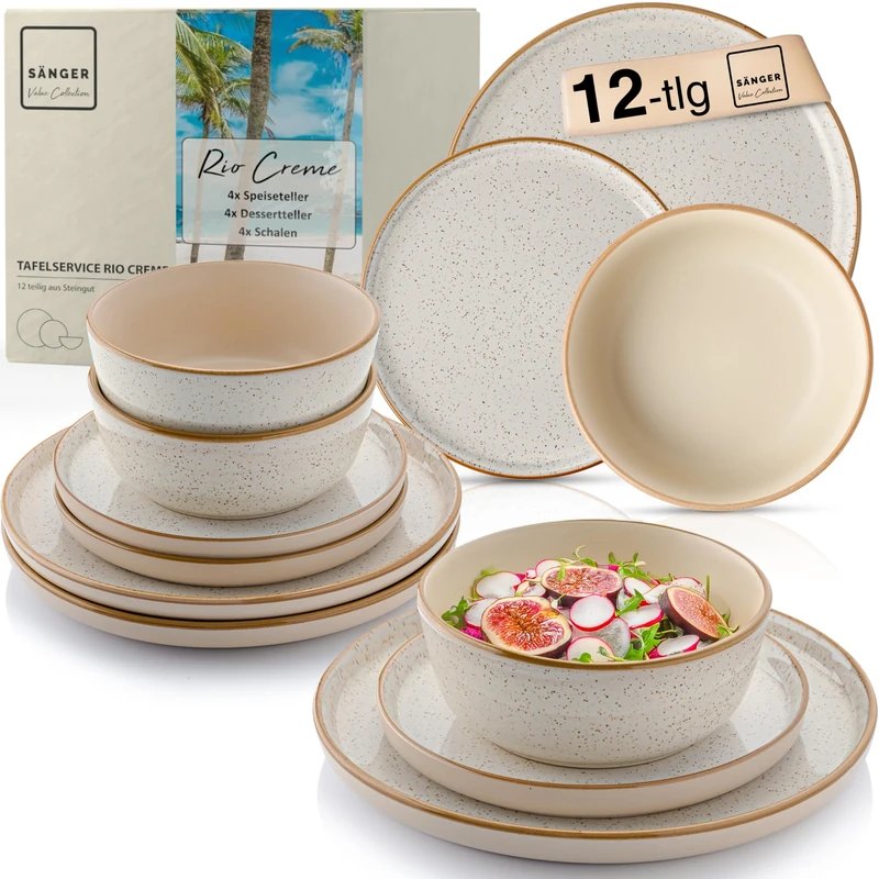 SÄNGER Rio Creme | Dinner Service 12 Pieces, Stoneware Crockery Set for 4 People, 4 x Dinner Plates, 4 x Dessert Plates, 4 x Bowls Crockery Set and Bowl Cream Value Collection
