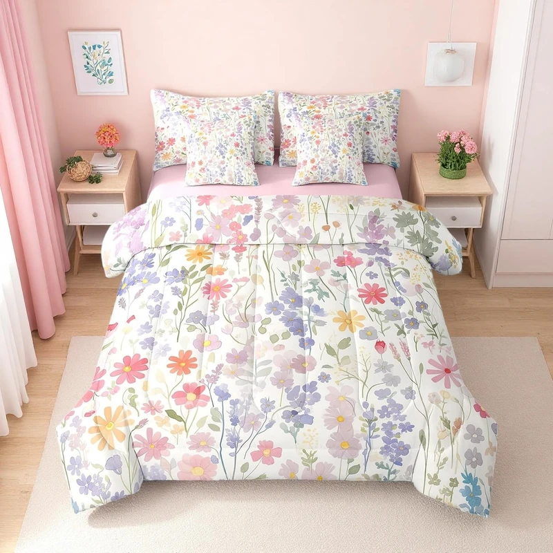 Erosebridal 7 Piece Colorful Floral Twin Comforter Set with Sheets,Purple Pink Cute Boho Flower Bedding Set for Kids Girls Women,Funky Watercolor Wildflower Bed in a Bag with Pillowcases & Shams