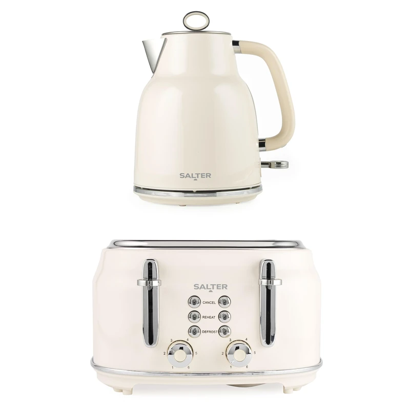 Salter Retro Kettle & Toaster Set – 1.7L Fast Boil Kettle With Removable Limescale Filter, 4-Slice Wide Slot Toaster, Thick Bread, High Lift Eject, Blue Indicator Lights, 3kW/1630W, Cream, COMBO-9352