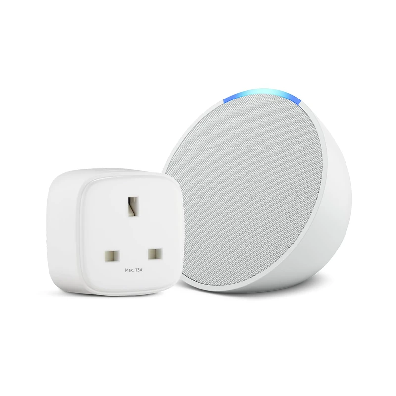 Echo Pop | Glacier White + Amazon Basics Smart Plug, Works with Alexa - Smart Home Starter Kit, with Alexa+ Early Access