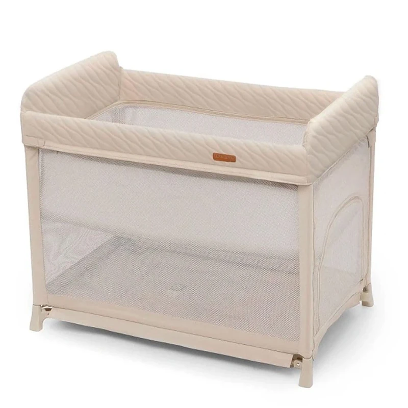 Kinderkraft MOON DREAM travel cot from birth to 15 kg, one-move fold and unfold, suspended base for baby, mesh sides, mattress with washable cotton cover, carry bag included, Beige