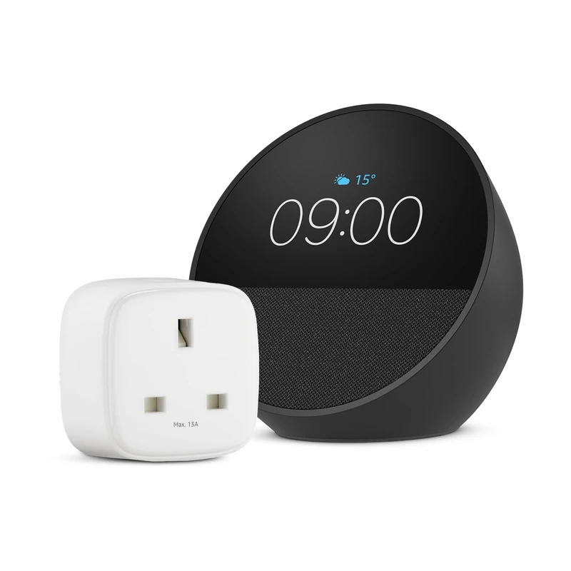 Echo Spot | Black + Amazon Basics Smart Plug, Works with Alexa - Smart Home Starter Kit, with Alexa+ Early Access