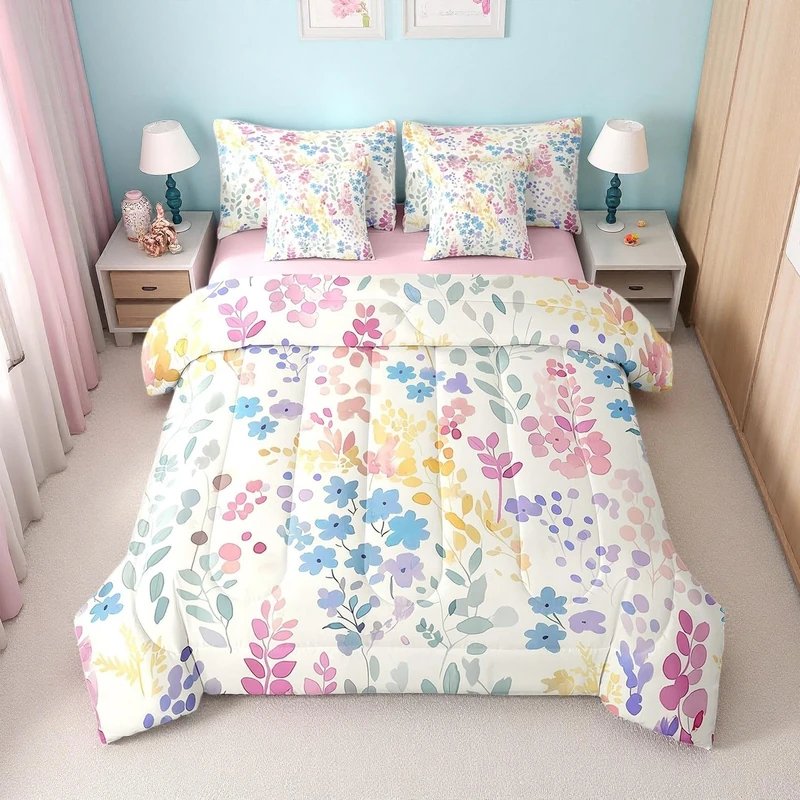 Erosebridal 7 Piece Cute Blue Floral Bed Set Twin Size,Colorful Boho Wildflower Comforter Set for Kids Girls Boys,Bohemian Flower Bedding Set with Sheets,Wild Flowers Bed in a Bag with Pillowcases