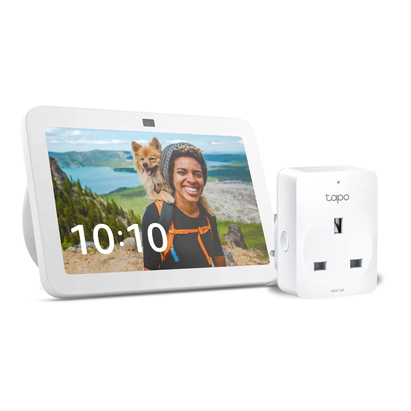 Echo Show 8 (3rd generation) | Glacier White + TP-Link Tapo P110M Smart Plug with Energy Monitoring, Works with Alexa - Smart Home Starter Kit, with Alexa+ Early Access