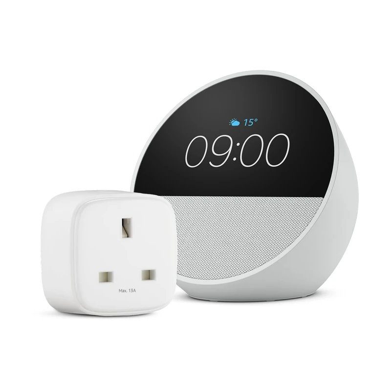 Echo Spot | Glacier White + Amazon Basics Smart Plug, Works with Alexa - Smart Home Starter Kit, with Alexa+ Early Access