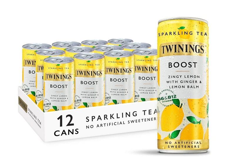 Twinings Boost - Lemon and Ginger Flavoured Sparkling Tea-Refreshing Fruity Beverage(12X250ml Cans)-No Added Sugar, Low in Caffeine/Calorie, Healthy Alternative,Antioxidant Rich,Vegan,Gluten Free