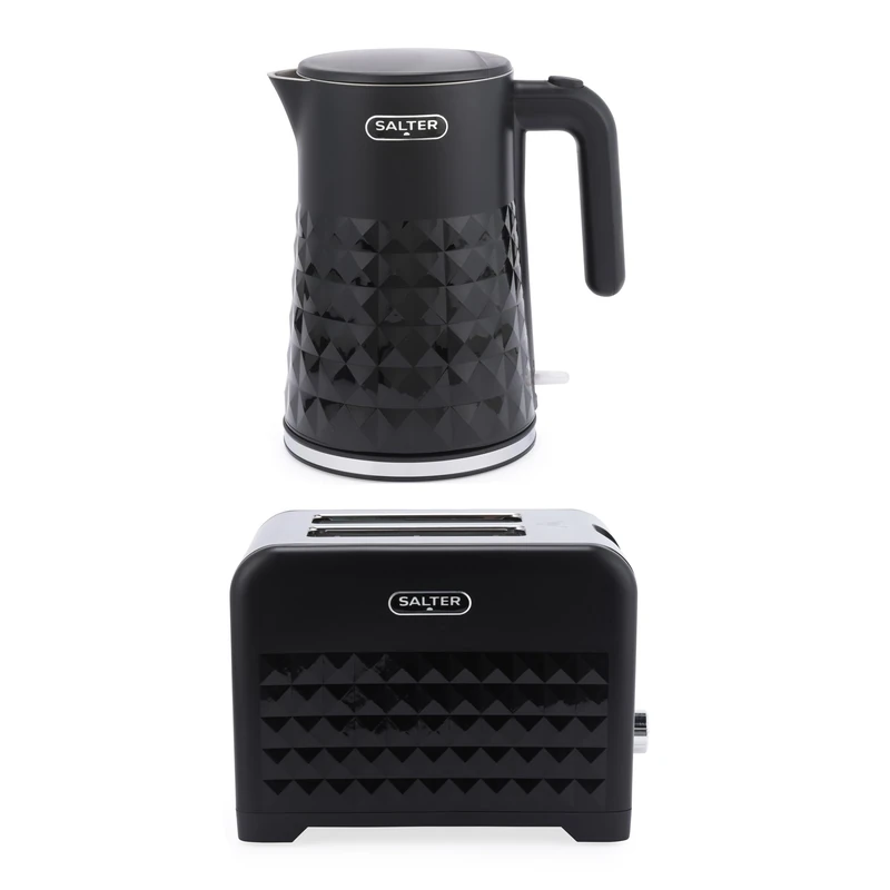 Salter Diamond Kettle and Toaster Set – 3kW Fast Boil Kettle with Cool Touch Body, Swivel Base, Diamond Design, 2-Slice Toaster with Wide Toasting Slots, High Lift, Removable Crumb Tray COMBO-9356.