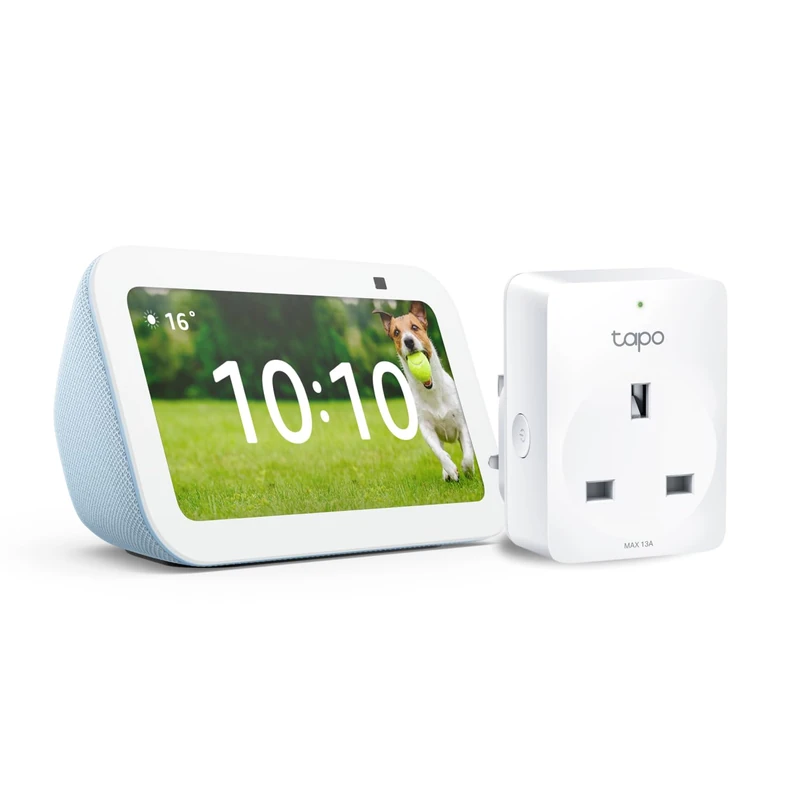 Echo Show 5 (3rd generation) | Cloud Blue + TP-Link Tapo P110M Smart Plug with Energy Monitoring, Works with Alexa - Smart Home Starter Kit, with Alexa+ Early Access