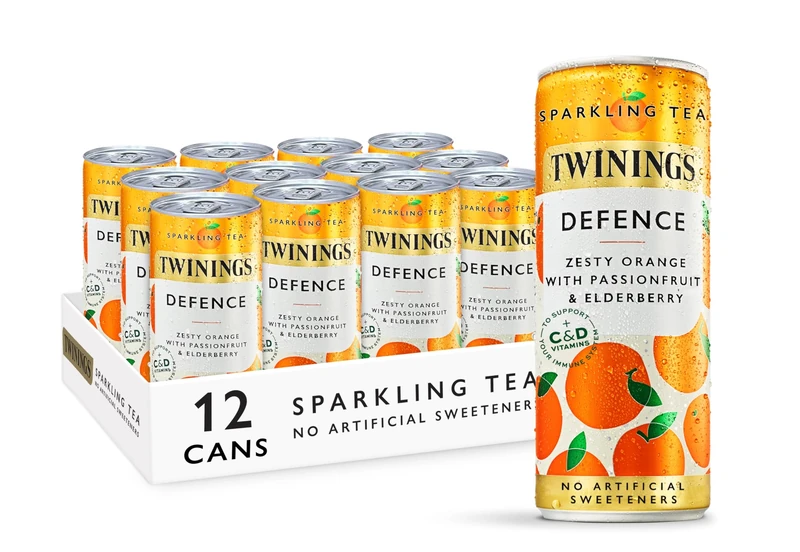 Twinings Defence-Orange and Passionfruit Flavoured Sparkling Tea-Refreshing Fruity Beverage(12X250ml Cans)-No Added Sugar,Low in Caffeine/Calorie,Healthy Alternative,Antioxidant Rich,Vegan,Gluten Free