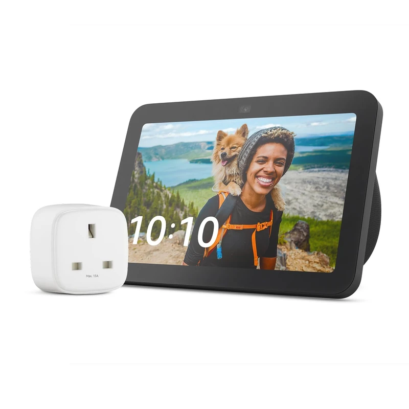 Echo Show 8 (3rd generation) | Charcoal + Amazon Basics Smart Plug, Works with Alexa - Smart Home Starter Kit, with Alexa+ Early Access