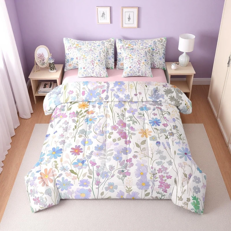 Erosebridal 7 Piece Cute Boho Floral Bed Set Twin Size,Colorful Wild Flower Comforter Set for Kids Girls Women,Bohemian Decor Rustic Flowers Bedding Set with Fitted Sheet,Flat Sheet,Pillowcases