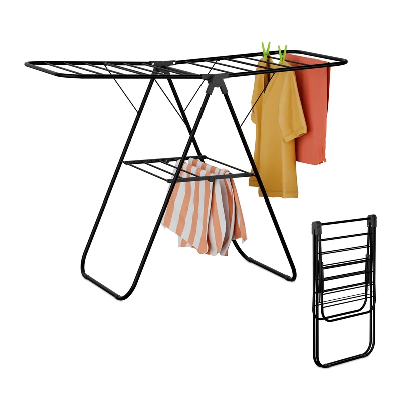 Relaxdays Collapsible Clothes Dryer, 2 Wings, 2 Levels, Laundry Drying Rack, HWD: 93 x 136 x 58 cm, Foldable, Black, Iron - Image 1