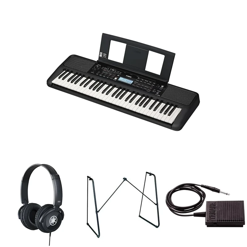 Yamaha PSR-E383 Portable Keyboard for Beginners bundled with HPH-100 Headphones, L-2C Keyboard Stand, and sustain Pedal