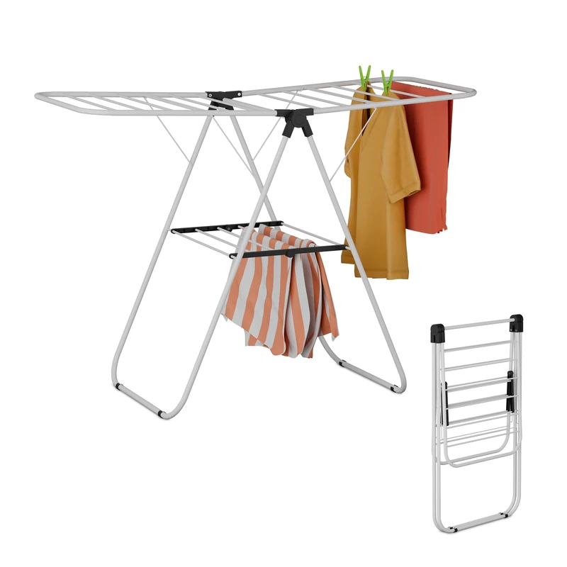 Relaxdays Collapsible Clothes Dryer, 2 Wings, 2 Levels, Laundry Drying Rack, HWD: 93 x 136 x 58 cm, Foldable, White, Iron