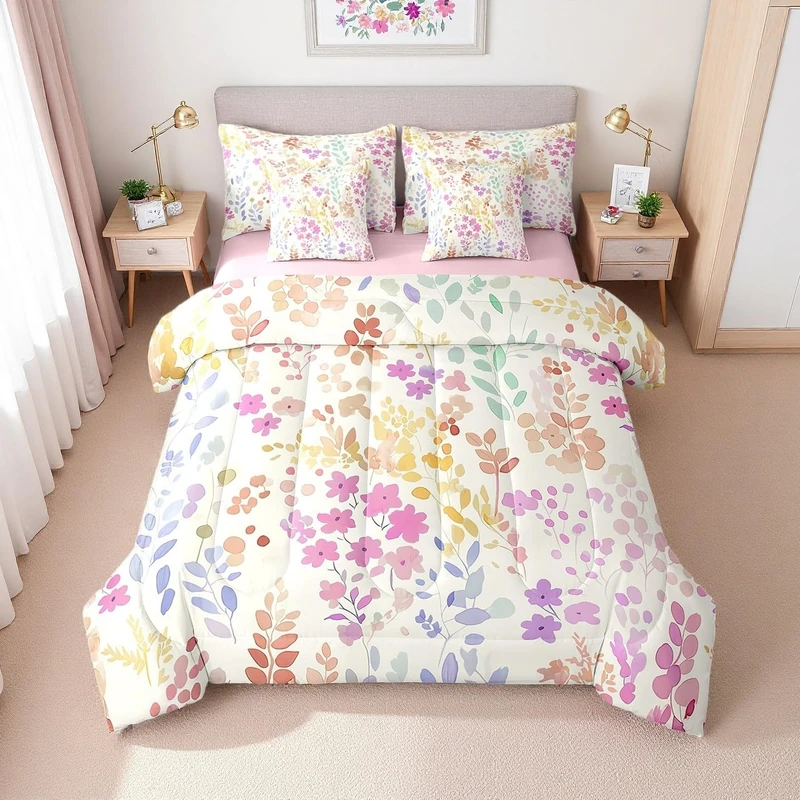 Erosebridal 7 Piece Cute Pink Floral Queen Bed in a Bag,Boho Rainbow Flower Comforter Set with Sheets for Kids Girls Women,Colorful Bohemian Wildflower Bedding Set,Watercolor Rustic Flowers Bed Set