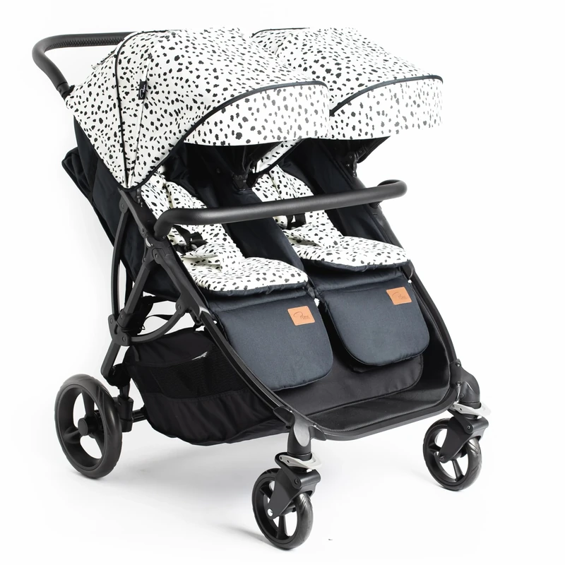 Roma Gemini 2 Twin Double Complete Stroller - Including 2 x Hoods, Harness Pads, Padded Liners and Rain Cover. Compact Fold, 69 cm Wide, Supports Up to 22 kg Per Seat | Side by Side Pram - Dalmatian