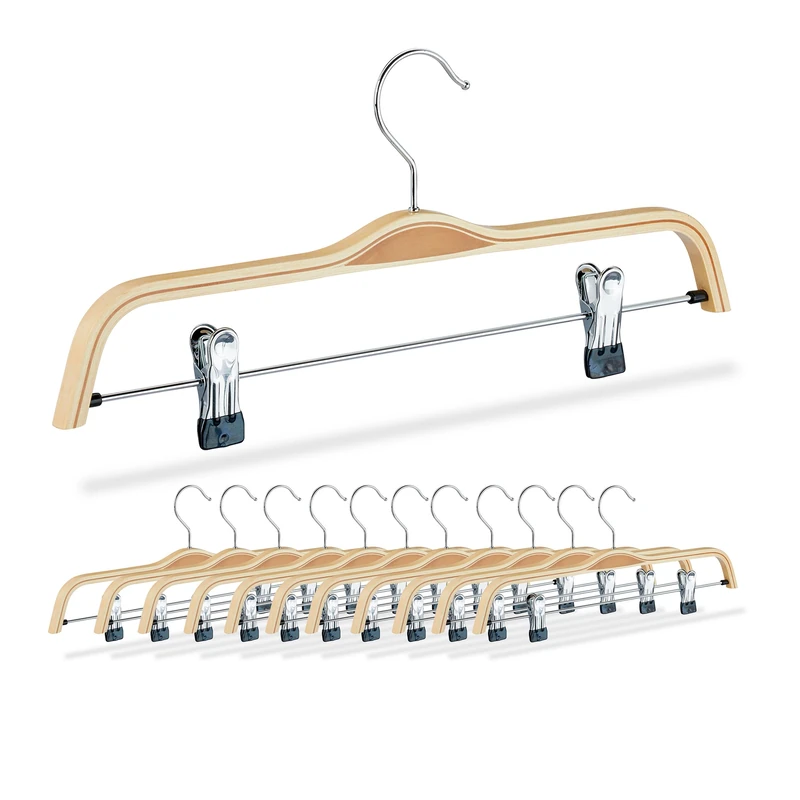 Relaxdays Trouser & Skirt Hangers, Set of 12, 2 Adjustable clips, W: 37.5 cm, Wooden, Swivelling Hook, Natural/Silver - Image 1