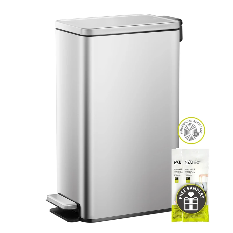 EKO Stella Slim 30L Kitchen Bin with Pedal | Stainless Steel Smudge Proof | Compact Design | Silent Closing Bathroom