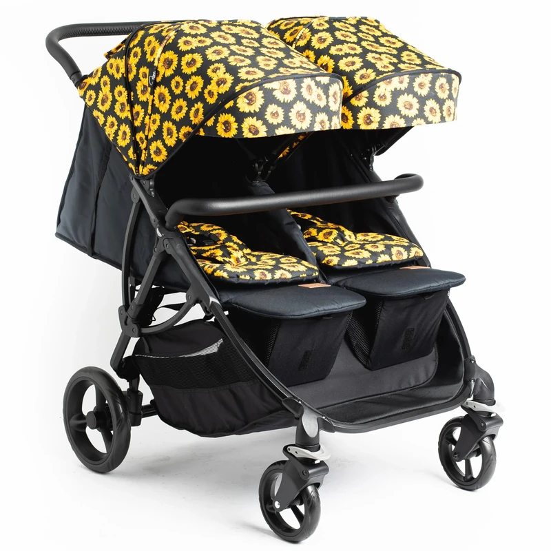 Roma Gemini 2 Twin Double Complete Stroller - Including 2 x Hoods, Harness Pads, Padded Liners and Rain Cover. Compact Fold, 69 cm Wide, Supports Up to 22 kg Per Seat | Side by Side Pram - Sunflower