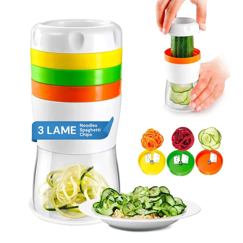 Avilia Manual Vegetable Spiralizer with Interchangeable Blades for Noodles, Spaghetti and Chips – Vegetable Cutter for Zucchini, Carrots and Potatoes – Easy to Use and Clean – 8 x 17 cm