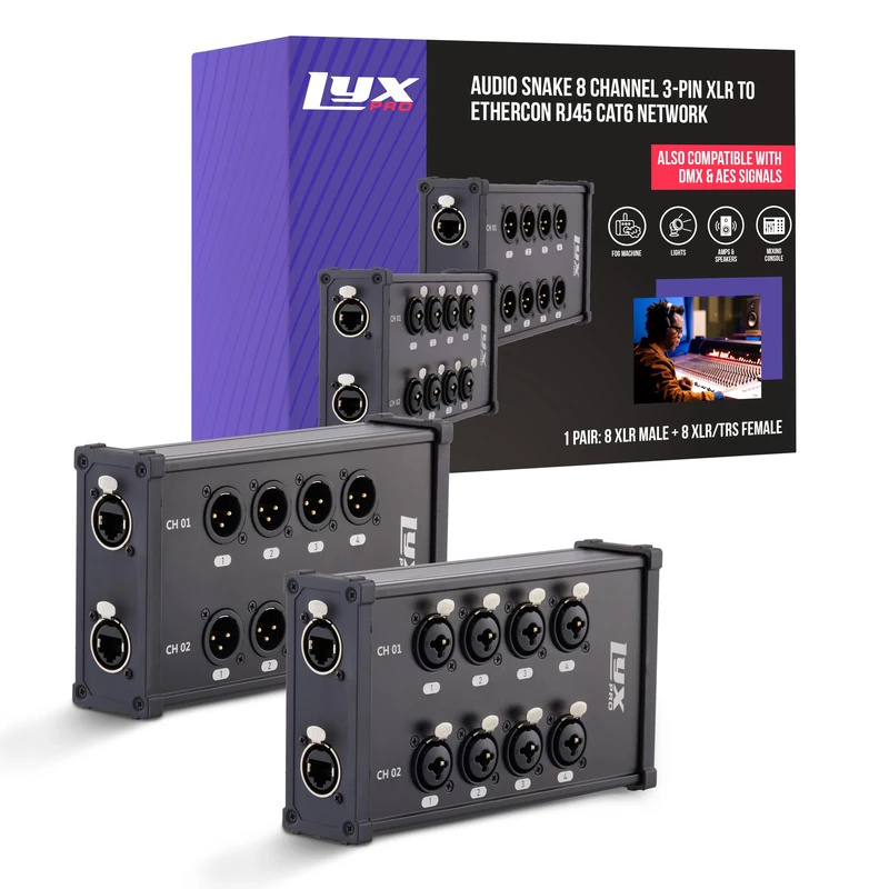LyxPro 8-Channel Dual Input 3-Pin Multi-Network XLR/TRS Cable Breakout for Stage Sound, Lighting, and Recording Studio Male and Female to RJ45 Ethercon – Ideal for Sound, Lighting Setup, Ground Lift - Image 1