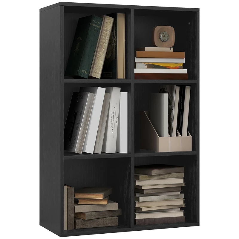HOMCOM 3 Tier Bookshelf, Modern Cube Bookcase with 6 Open Storage Compartments, Freestanding Display Storage Unit for Living Room, Bedroom, Study, Black