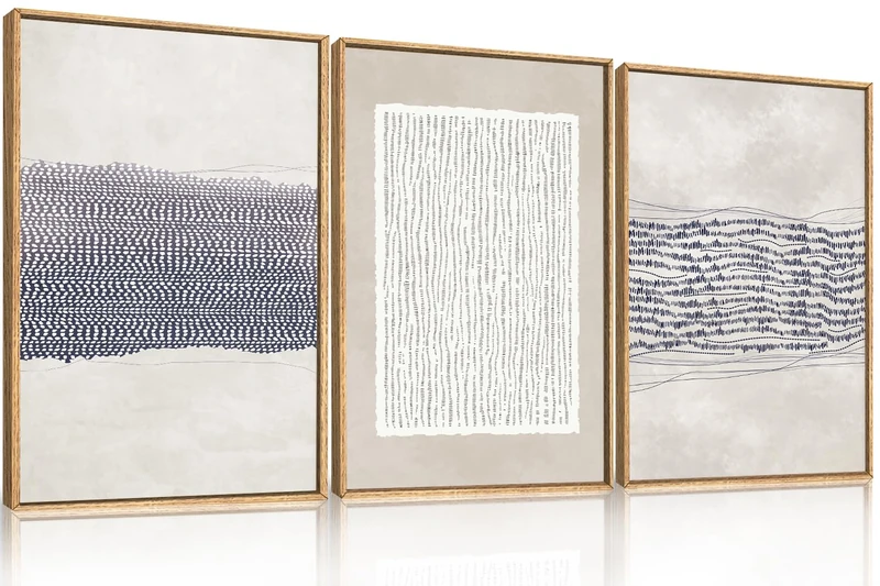 HOURIA Blue White Abstract Neutral Framed Canvas Wall Art Set- 16"x24"x3
