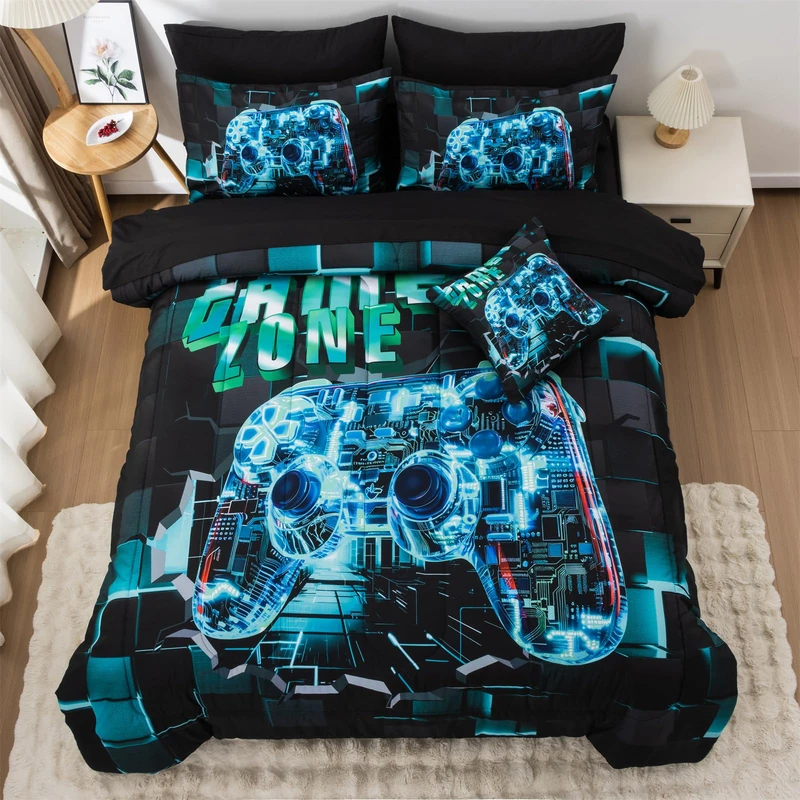 Aimuan Gamer Gaming Bedding Sets 3D Gamepad Comforter Sets for Boys Games Console Action Buttons Novelty Colorful Game Controller Modern Room Decor Home Quilt Set (Cyan, Twin 6PCS)