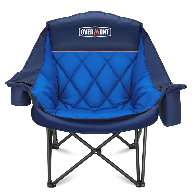 OVERMONT Oversized XL Camping Folding Chair for Adults - 450lbs Support Heavy-Duty Padded Folding Chair with Side Pocket Cup Holder for Outdoor Sports Garden Beach Fishing Lawn Blue