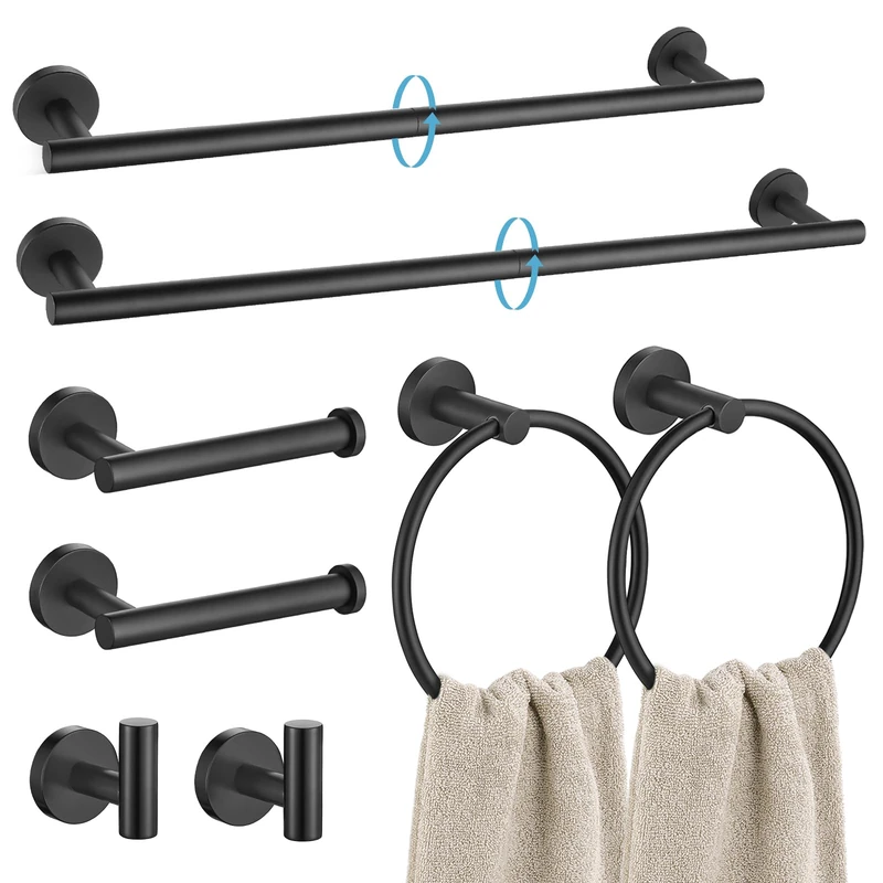 TURS Matte Black 8 Pieces Bathroom Hardware Set, SUS304 Stainless Steel 24 Inch and 20 Inch Bath Towel Bar Set, Round Bathroom Accessories Kit Wall Mounted