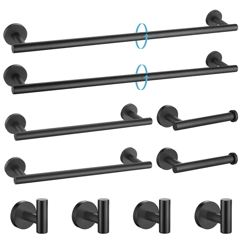 TURS Matte Black 10 Pieces Bathroom Hardware Set, SUS304 Stainless Steel 24 Inch Bath Towel Bar Set, Round Bathroom Accessories Kit Wall Mounted