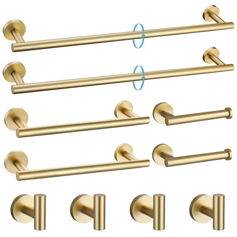 TURS Brushed Gold 10 Pieces Bathroom Hardware Set, SUS304 Stainless Steel 24 Inch Bath Towel Bar Set, Round Bathroom Accessories Kit Wall Mounted