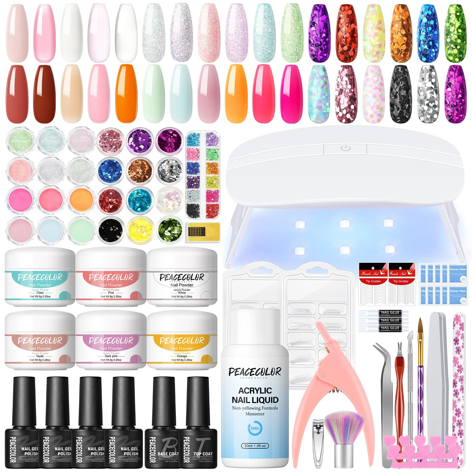 PEACECOLOR 37PCS Acrylic Nail Kit with Lamp, 6 Colors Acrylic Powder and Nail Liquid Monomer,4pcs Gel Nail Polish for Beginners DIY Salon Quality Nail Extension Set