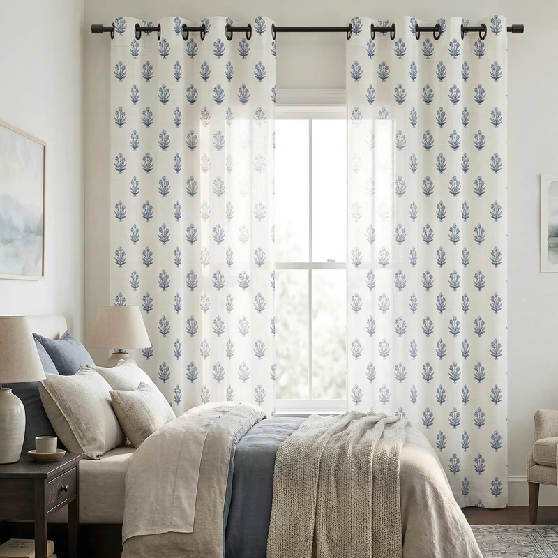 Navy Blue Curtains 96 Inches Long,Beautiful Elegant White Sheer Floral Toile Chinoiserie Curtains for Living Room Bedroom