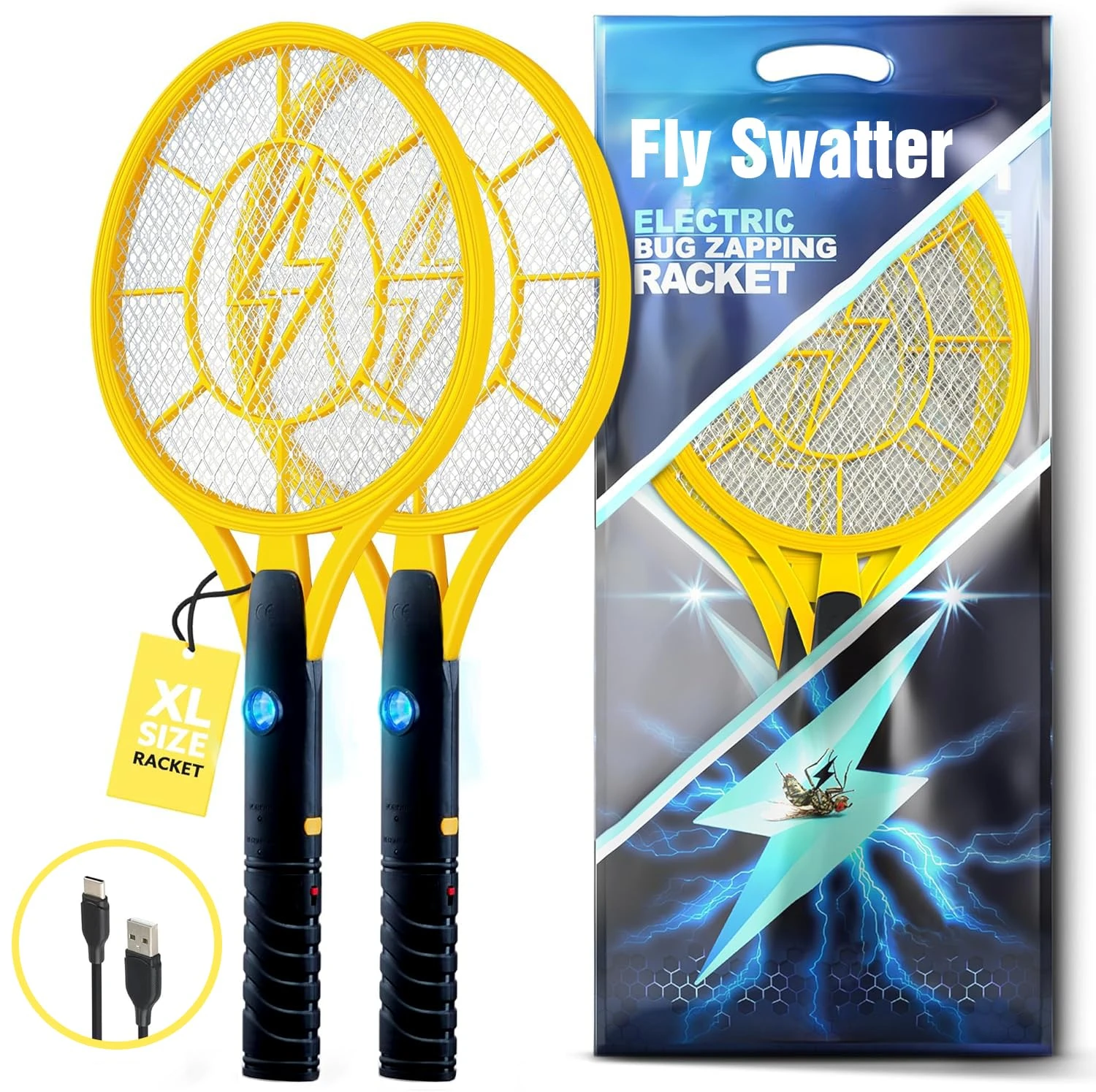 2 Pcs Electric Fly Swatters, Handheld Insect Zappers for Indoors and Outdoors - 4000-Volt Fly Swatter - Instant Insect and Mosquito Killer with Attracting LED Light