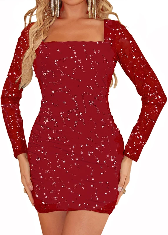 MOEENCN Women Mesh Dress Sparkly Long Sleeve Square Collar Pleated Bodycon Dresses Party Night Club Outfits, Burgundystar, M