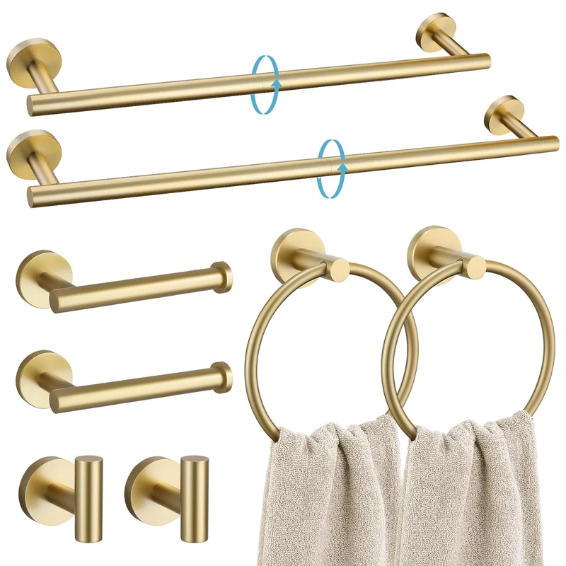 TURS Brushed Gold 8 Piece Bathroom Hardware Set, SUS304 Stainless Steel 24 Inch and 20 Inch Bath Towel Bar Set, Round Bathroom Accessories Kit Wall Mounted