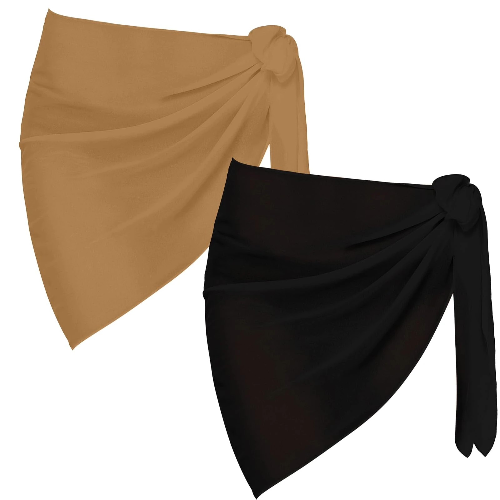 2 Pieces Sarong Coverups for Women Bathing Suit Wrap Swimsuit Skirt Bikini Swimwear Chiffon Cover Up Beach Accessories (A - Black+Khaki)