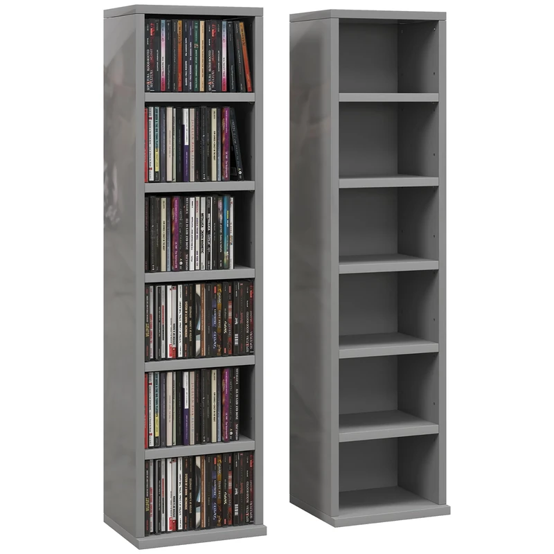 HOMCOM 204 CD Storage Units Set of 2, Blu-Ray Tower Rack with Adjustable Shelves, Bookcase Storage Organiser, High Gloss Grey