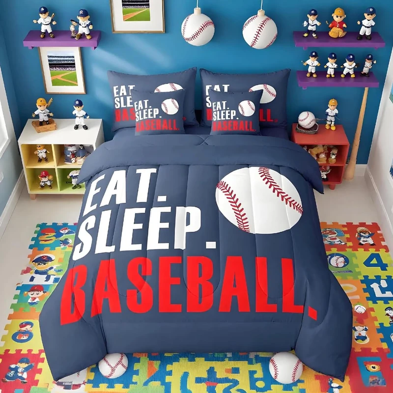 Feelyou Baseball Comforter Set 7 Piece 3D Ball Sports Bed in A Bag for Boys Girls Women Men Blue Eat Sleep Baseball Bedding Set Ball Games Bed in a Bag Bed Set with Sheets, Pillowcases, Pillow Covers