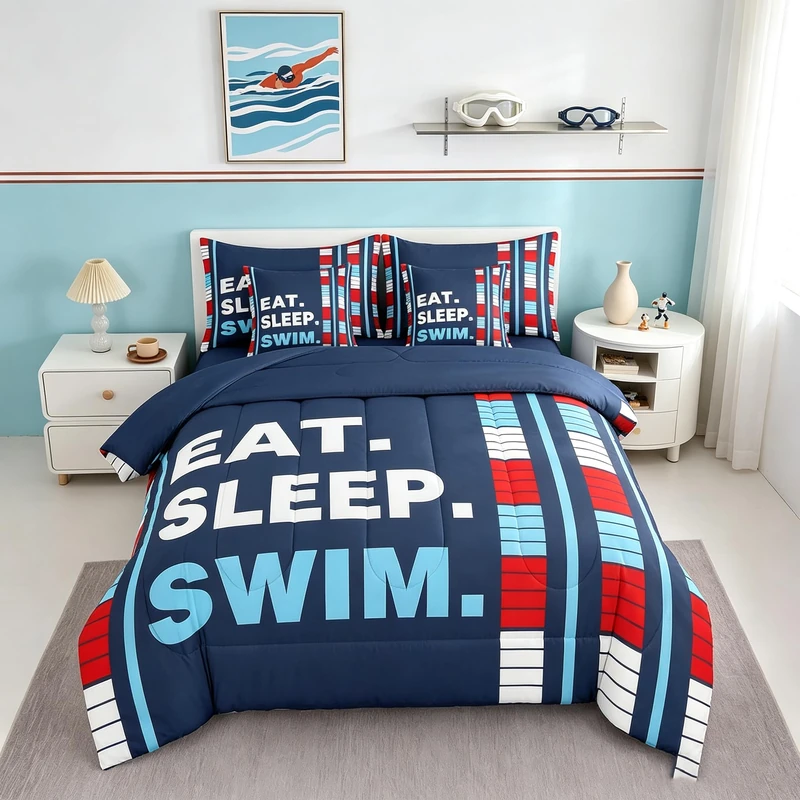 Feelyou Kids Swimmer Bedding Set Water Sports Theme Comforter Set 7 Piece Queen Size for Boys Girls Teens Swimming Lane Decor Bedding Queen Comforter Set Swim Lover Bed Set Bedroom Quilt Cover